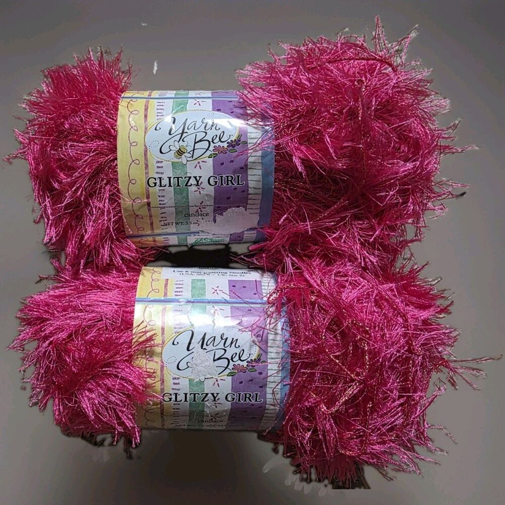 Yarn Bee Yarn Glitzy Girl 3.5oz 180yds Vintage Eyelash Skeins Set Of Two Pink